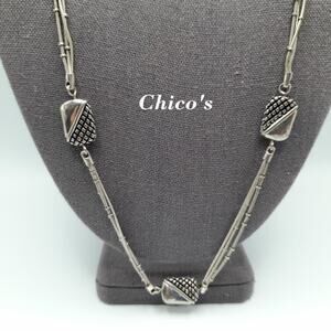 Chico's Silver Tone Three Strand Large Bead Necklace, Black Enamel, 27 Inches